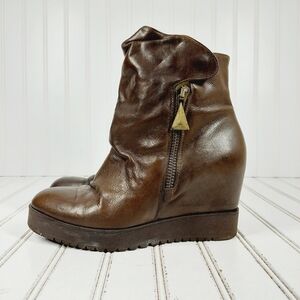 Frankie Segal Brown Slouch Leather Wedge Zip Detail Ankle Boots